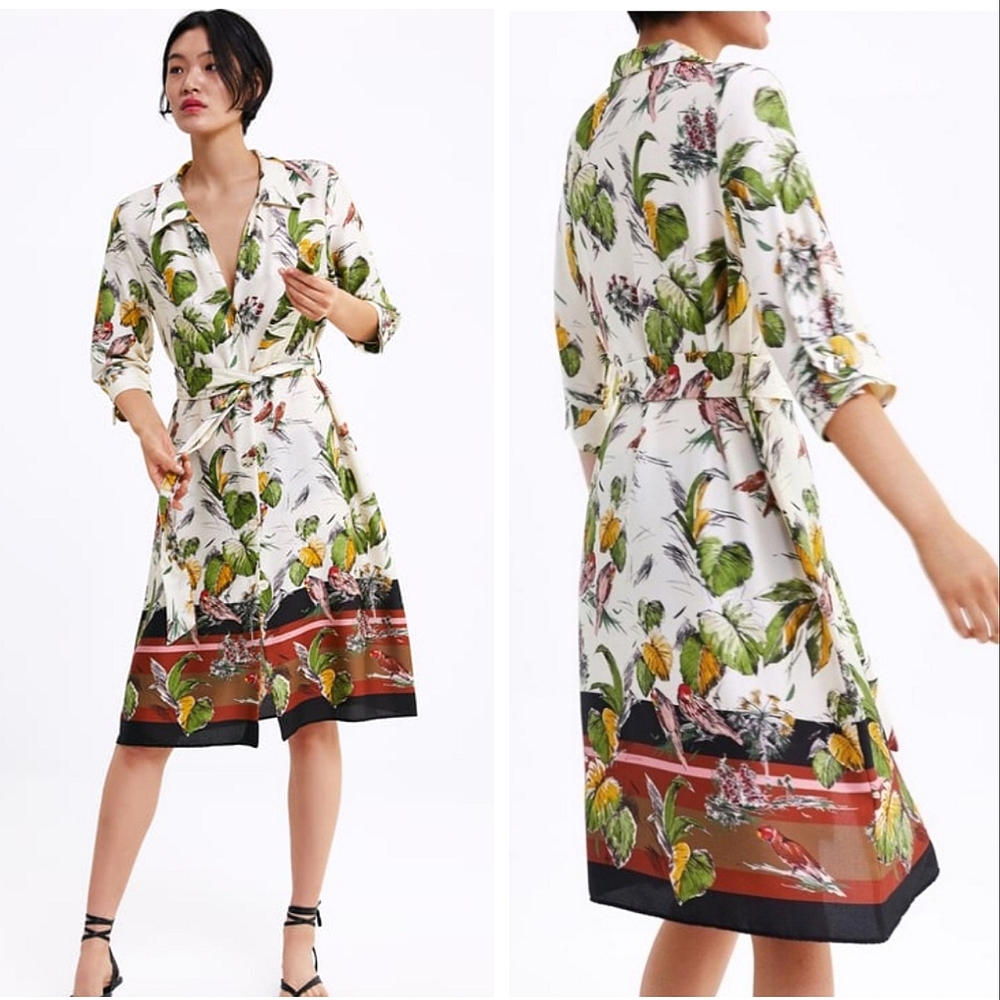 Zara tropical parrot printed satin collar belted dress